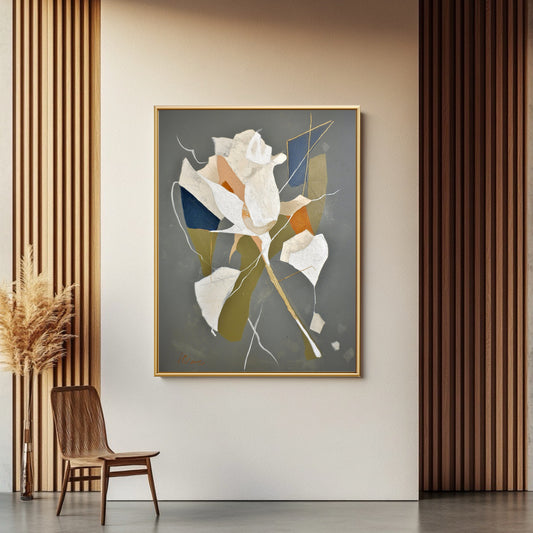 Modern geometric floral art on a wood slat wall. The painting's neutral palette complements the warm architectural texture.