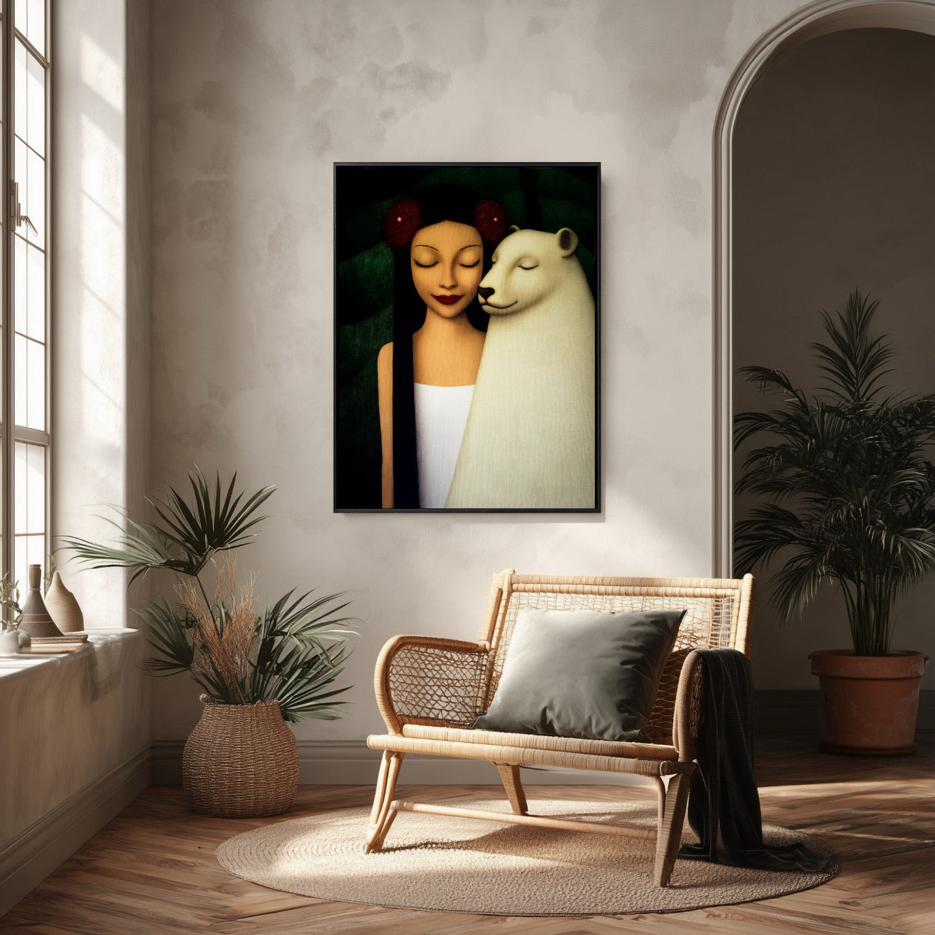 Original oil painting hangs in a bohemian, rustic corner. Rattan chair, archway, textured walls, and abundant natural light from a large window.