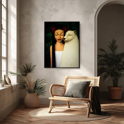 Original oil painting hangs in a bohemian, rustic corner. Rattan chair, archway, textured walls, and abundant natural light from a large window.