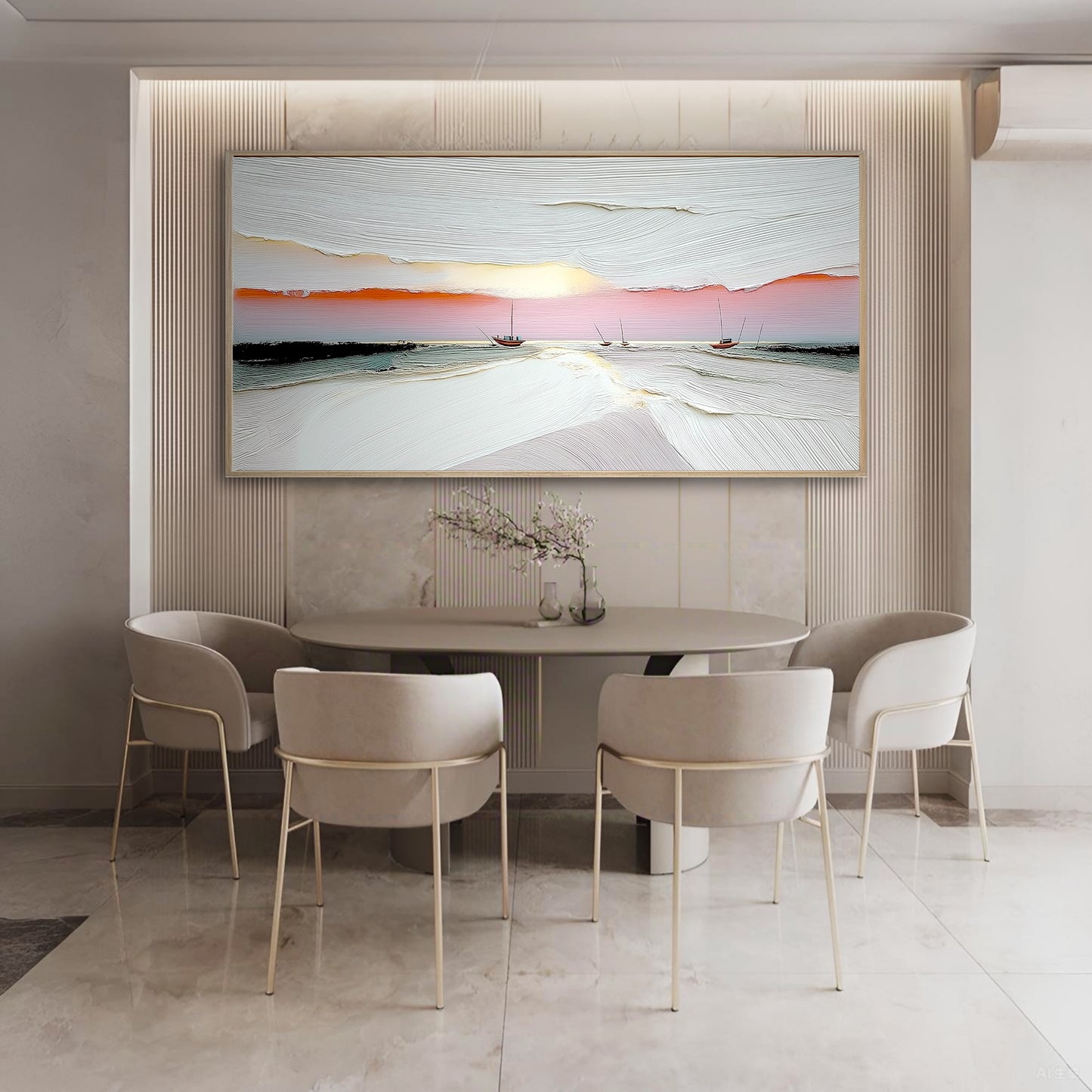 The textured sunset boat painting elevates an elegant dining room, mounted on a fluted wall above a modern table and chairs.