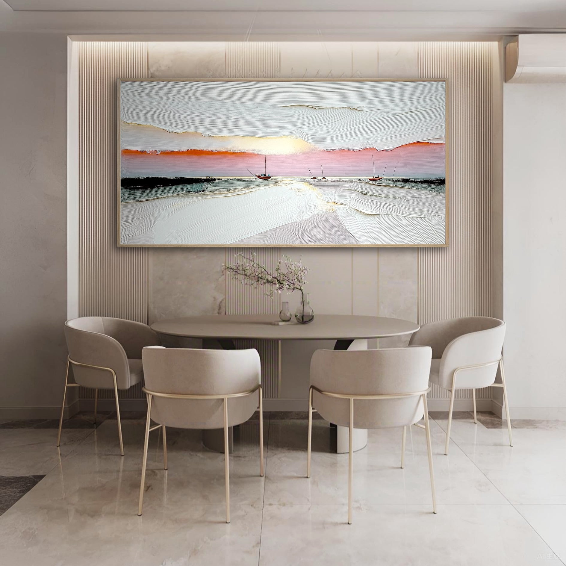 The textured sunset boat painting elevates an elegant dining room, mounted on a fluted wall above a modern table and chairs.