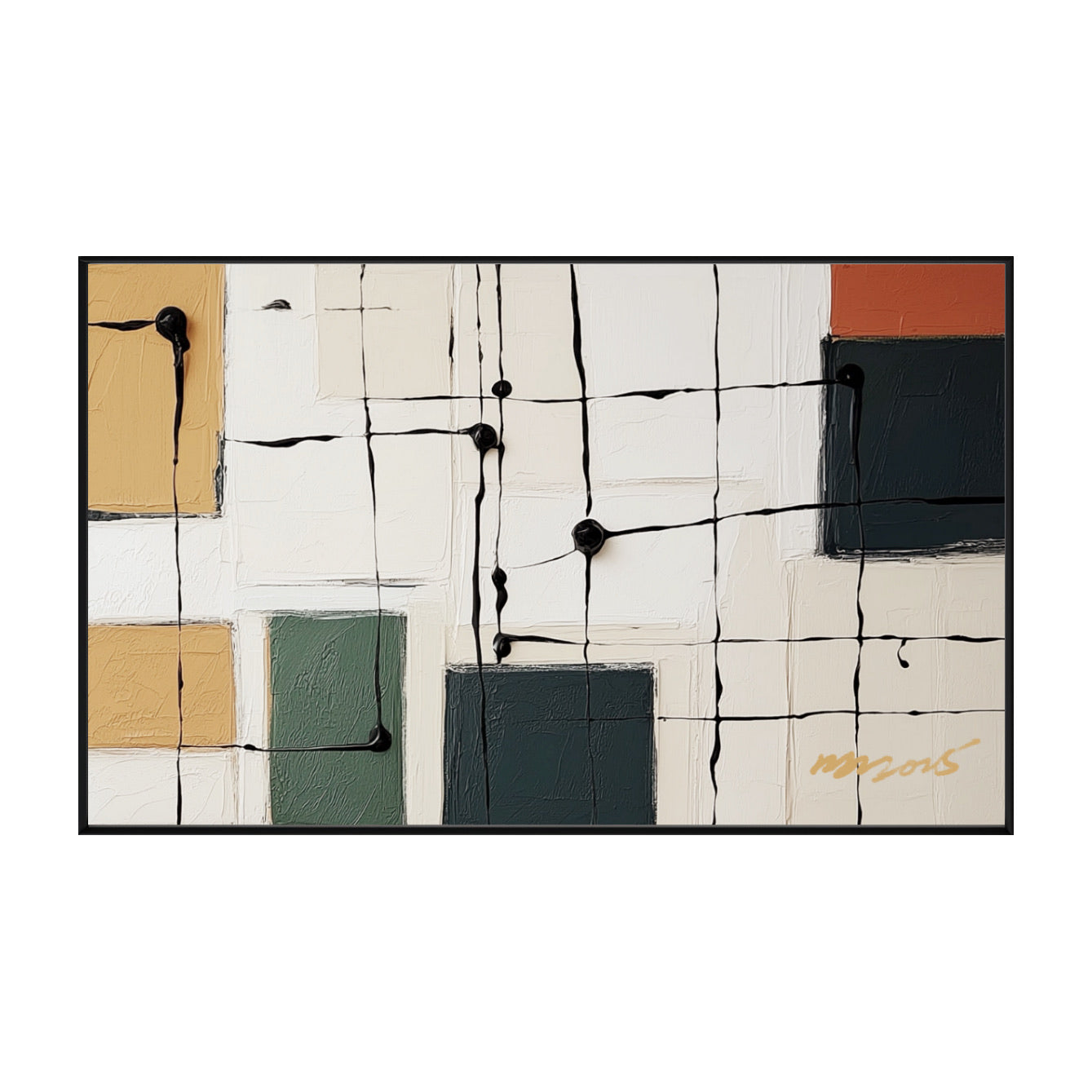 Original abstract modern art: Grid with black dripped lines; blocks of warm yellow, green, and orange; high contrast wall decor.