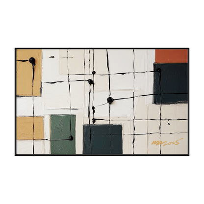 Original abstract modern art: Grid with black dripped lines; blocks of warm yellow, green, and orange; high contrast wall decor.