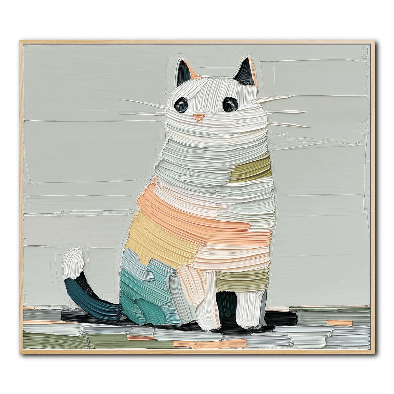 Original thick impasto abstract cat painting with colorful horizontal bands in pastel peach, green, and blue, conveying a gentle vibe. Neutral tone.