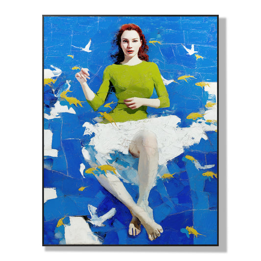 Original impasto oil painting: red-haired woman, lime green top, white skirt, surrounded by yellow fish & white birds; vivid cool blue pool.