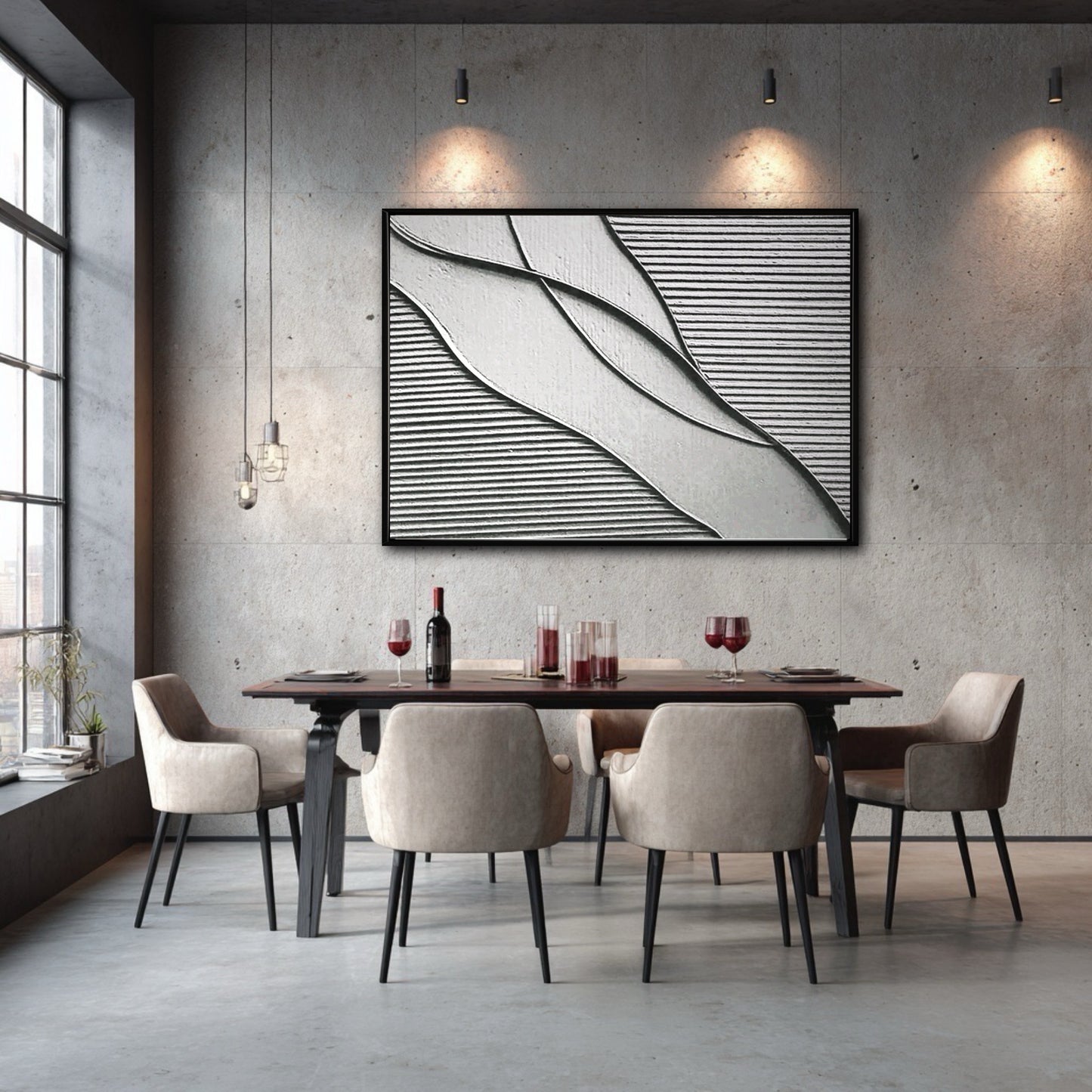 A large abstract painting adds sculptural texture to an industrial dining room, balancing the hard concrete walls and dark furniture.
