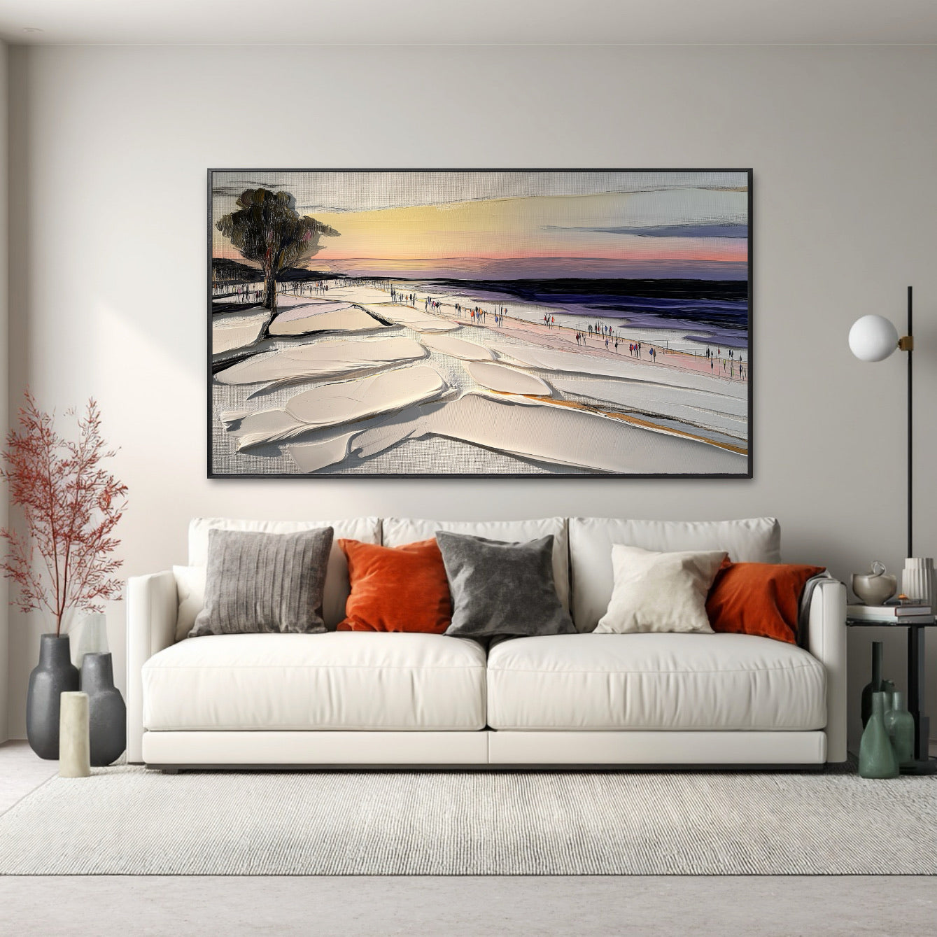 Original beach scene art contrasted by bold orange and gray pillows on a white sofa, perfect for a contemporary space seeking high visual impact.