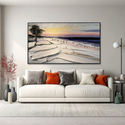 Original beach scene art contrasted by bold orange and gray pillows on a white sofa, perfect for a contemporary space seeking high visual impact.