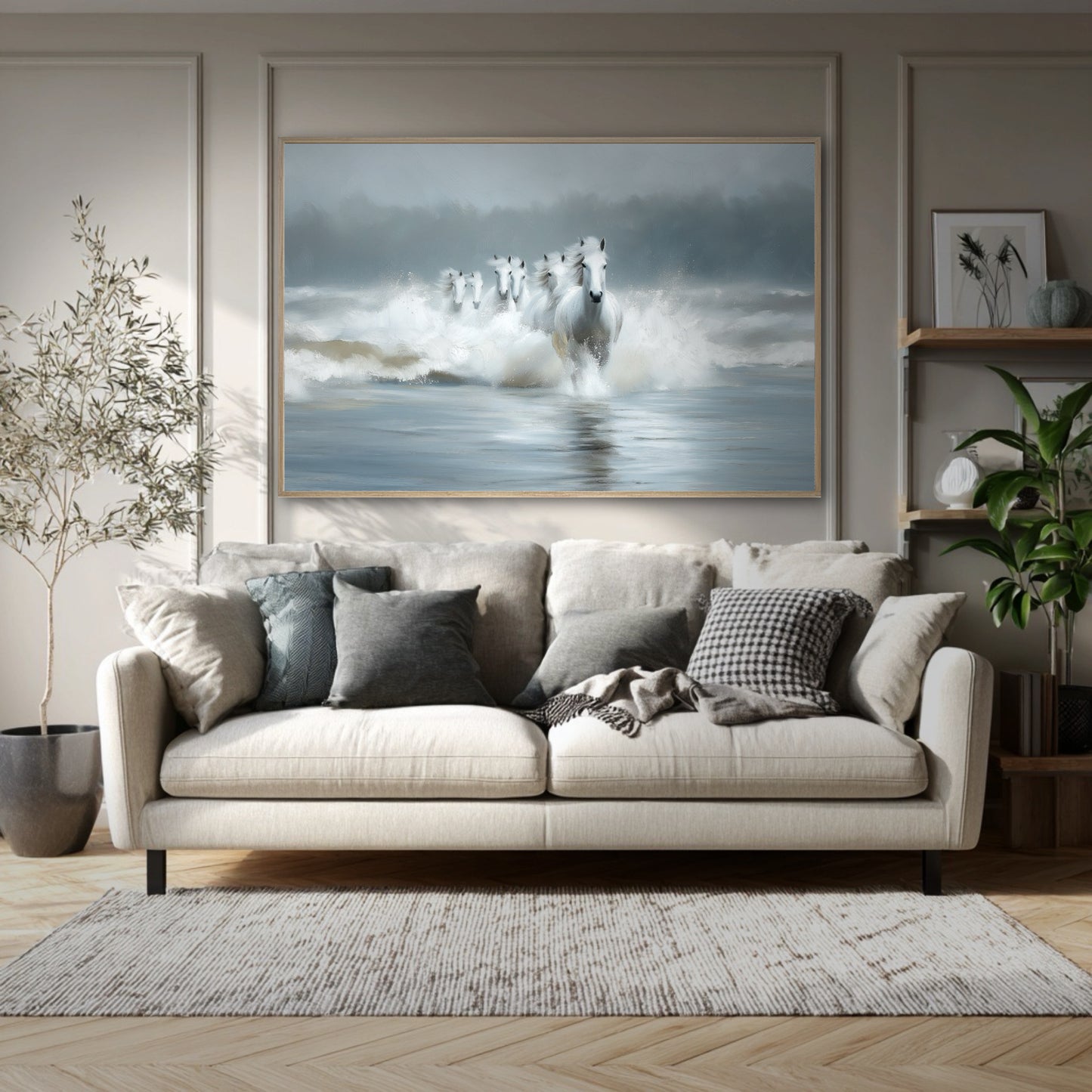 A large painting of white horses running from the sea hangs above a beige sofa in a cozy, modern living room.