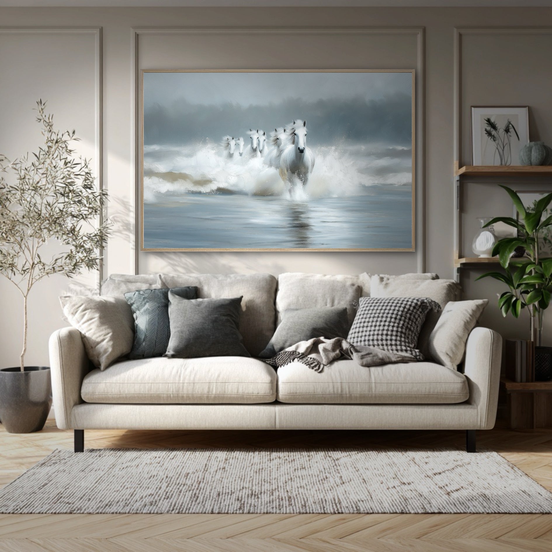A large painting of white horses running from the sea hangs above a beige sofa in a cozy, modern living room.