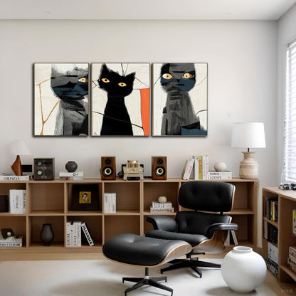 Abstract cat triptych over light wood shelves and a classic Eames chair, providing a sophisticated, artistic flair to a bright room.