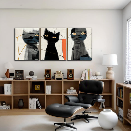 Abstract cat triptych over light wood shelves and a classic Eames chair, providing a sophisticated, artistic flair to a bright room.