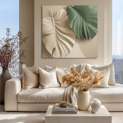 Botanical wall art enhances a minimalist, sunlit city apartment living room; complements neutral sofa, natural textures, and a panoramic urban view.