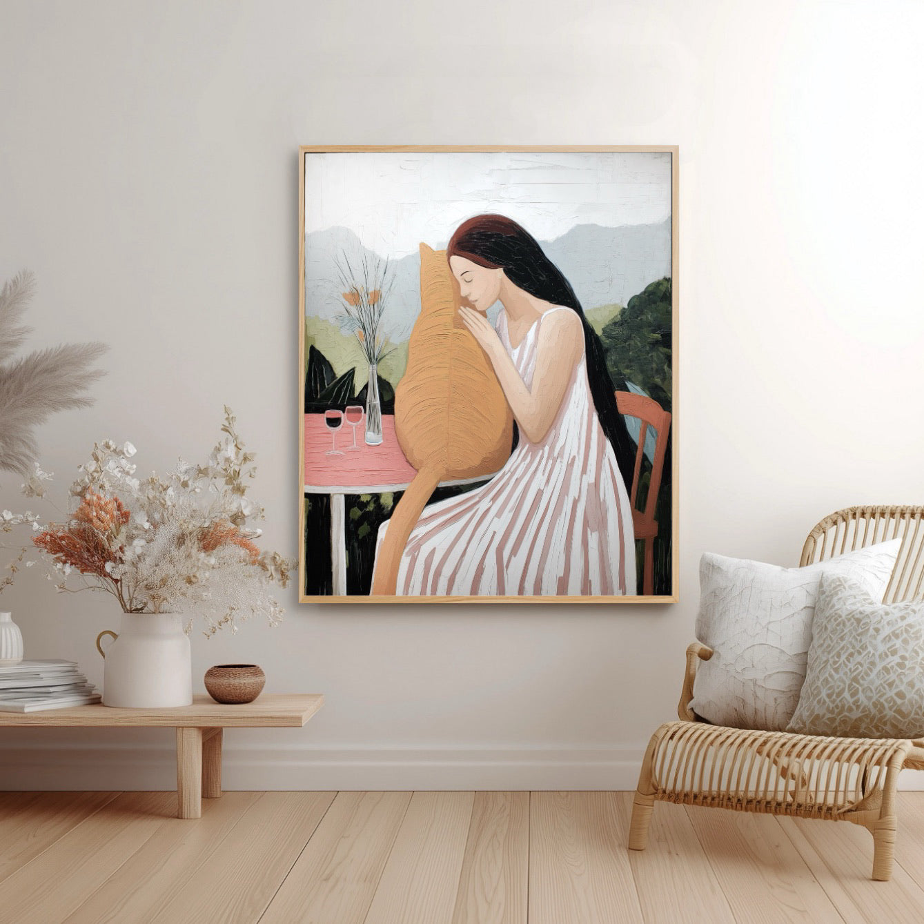 Original oil painting elevates a bohemian interior. Rattan furniture, dried florals, and a warm, natural wood floor create a cozy feel.