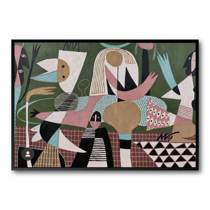 Original abstract figurative painting. A whimsical scene with cubist-style figures in green, pink, and blue. Neutral-warm palette.