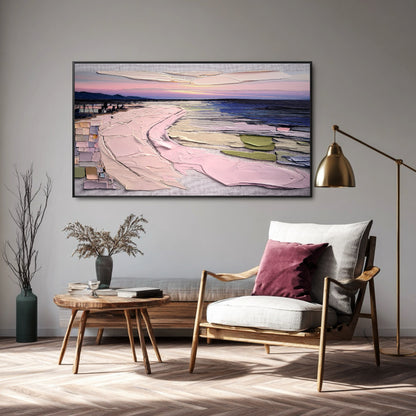 Original textured landscape art provides a vast, colorful backdrop to a minimalist reading nook with a modern wood armchair and brass floor lamp.