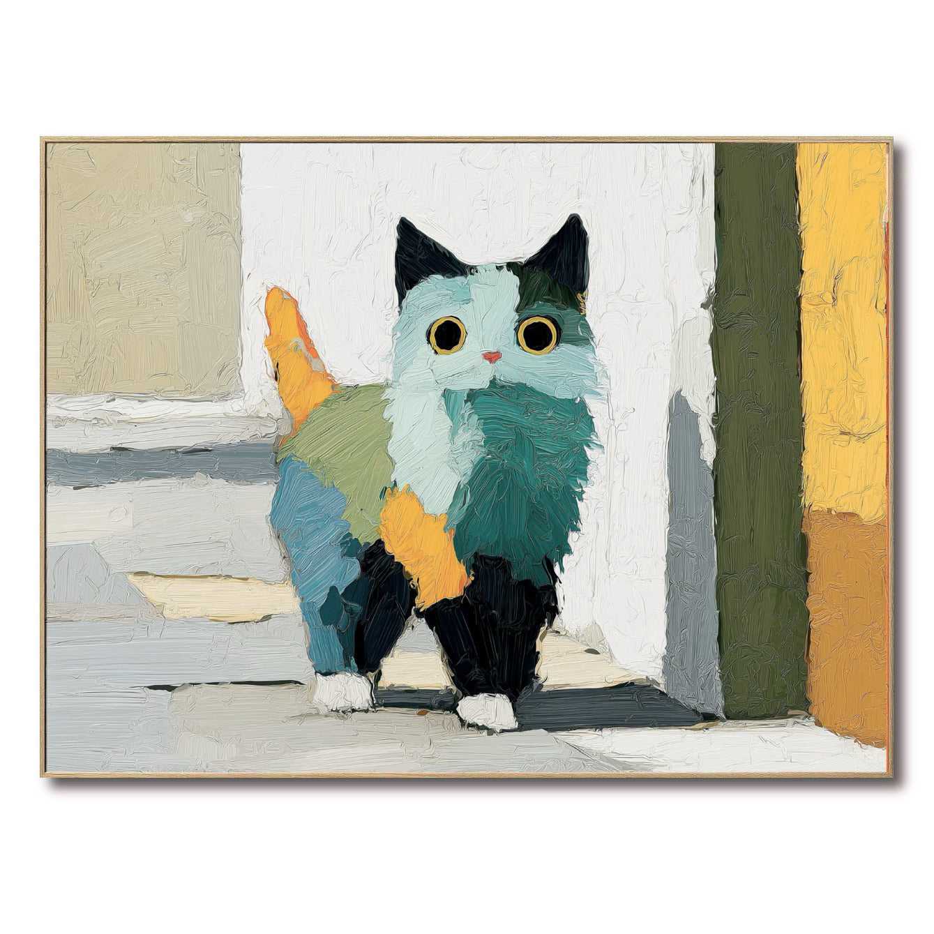 Original modern colorful cat oil painting. Abstract impressionist pet art with thick texture. Cool/neutral tones with pops of color.