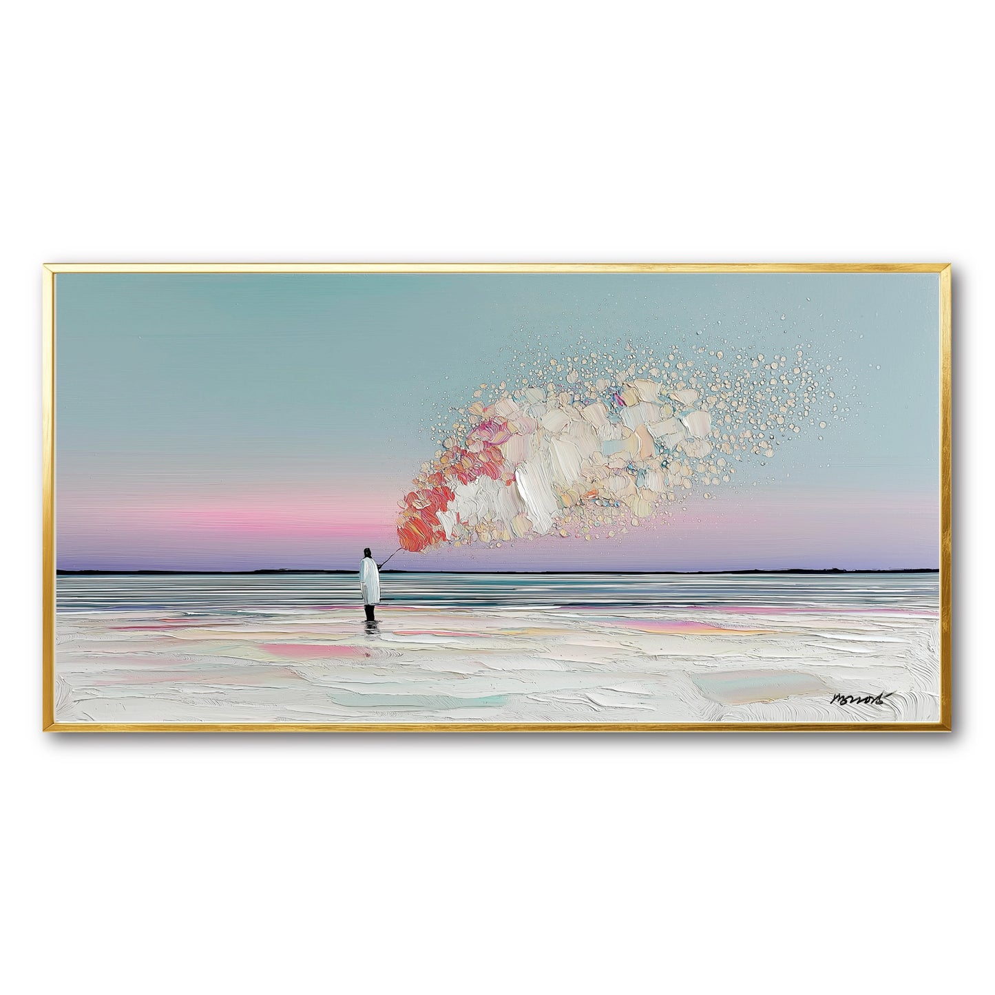 Original surreal seascape painting with gold frame. Figure on beach and textured abstract cloud. Cool aqua, pink, and white tones.