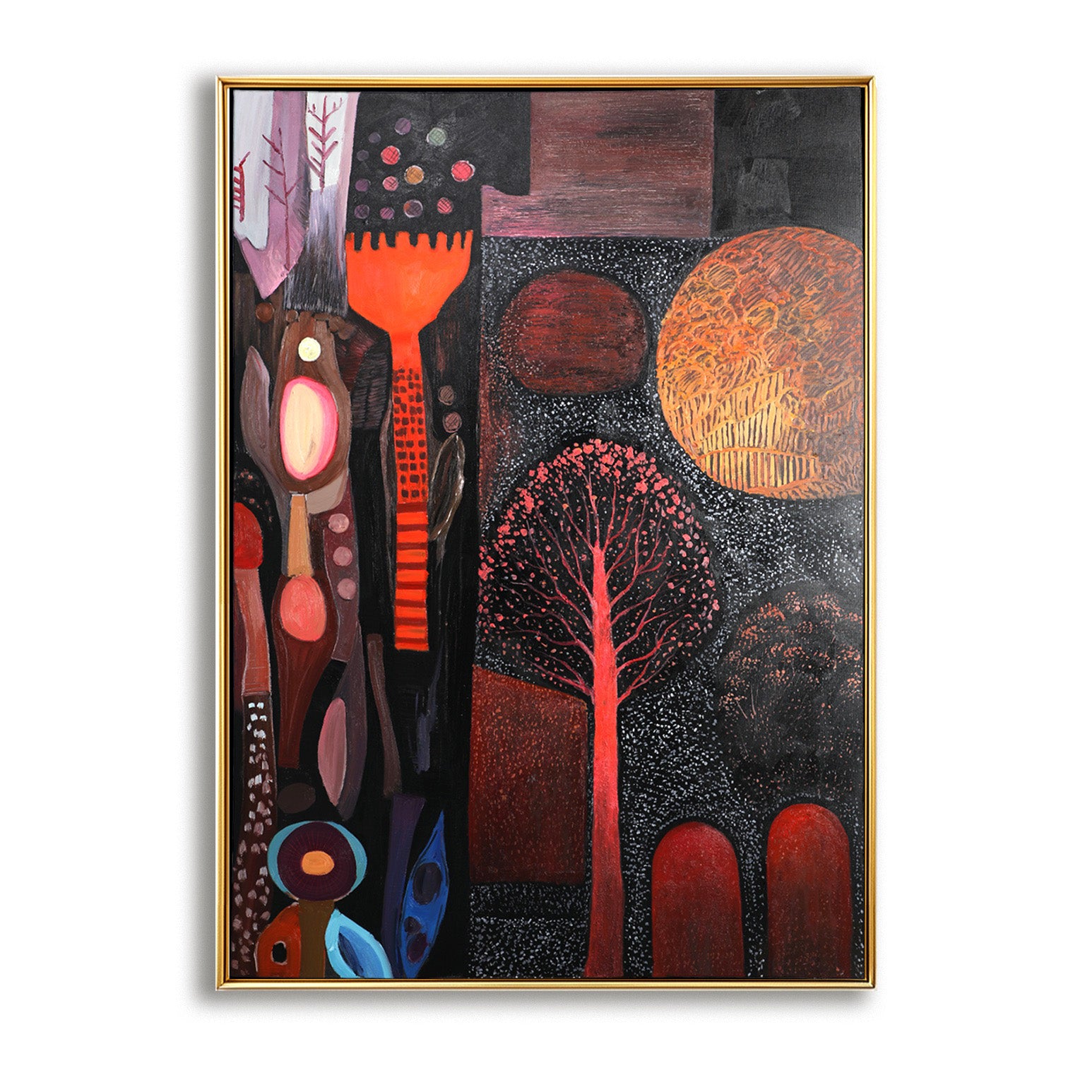 Original abstract art: warm and dark folk-style composition with red tree, orange sun, and stylized forms on black.