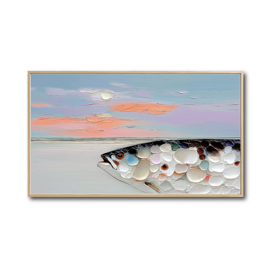 Original impasto painting of a fish with textured scales. A surreal beach scene with a cool blue and warm pink pastel sky.