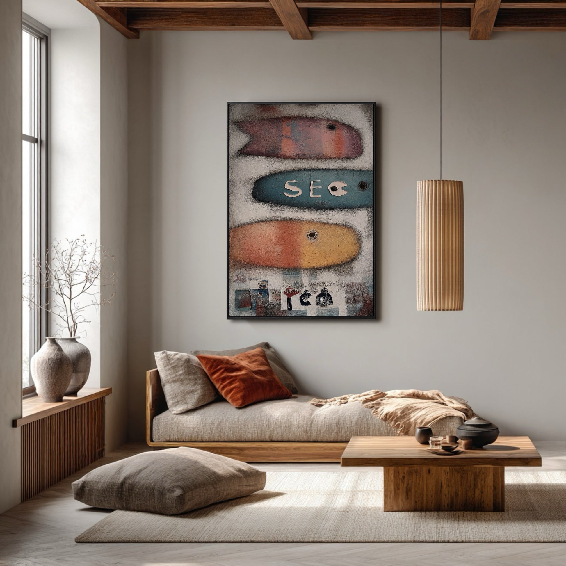 Vertical folk art painting is centered in a tranquil, Nordic-style lounge with exposed wood beams, a low daybed, and soft, natural light.