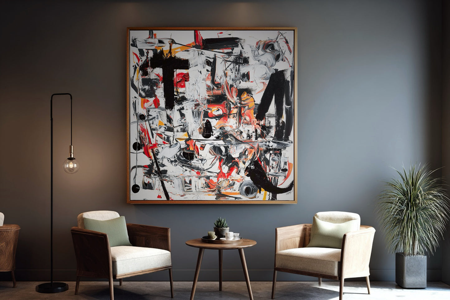 Original abstract art providing a dynamic focal point against the deep gray wall, balancing modern furniture and soft lighting.