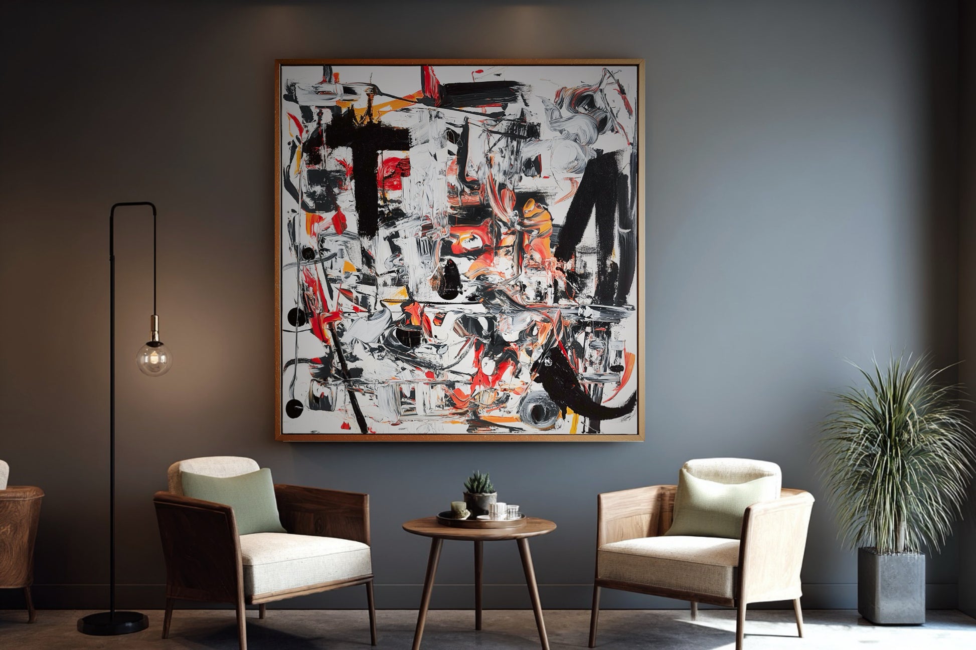 Original abstract art providing a dynamic focal point against the deep gray wall, balancing modern furniture and soft lighting.