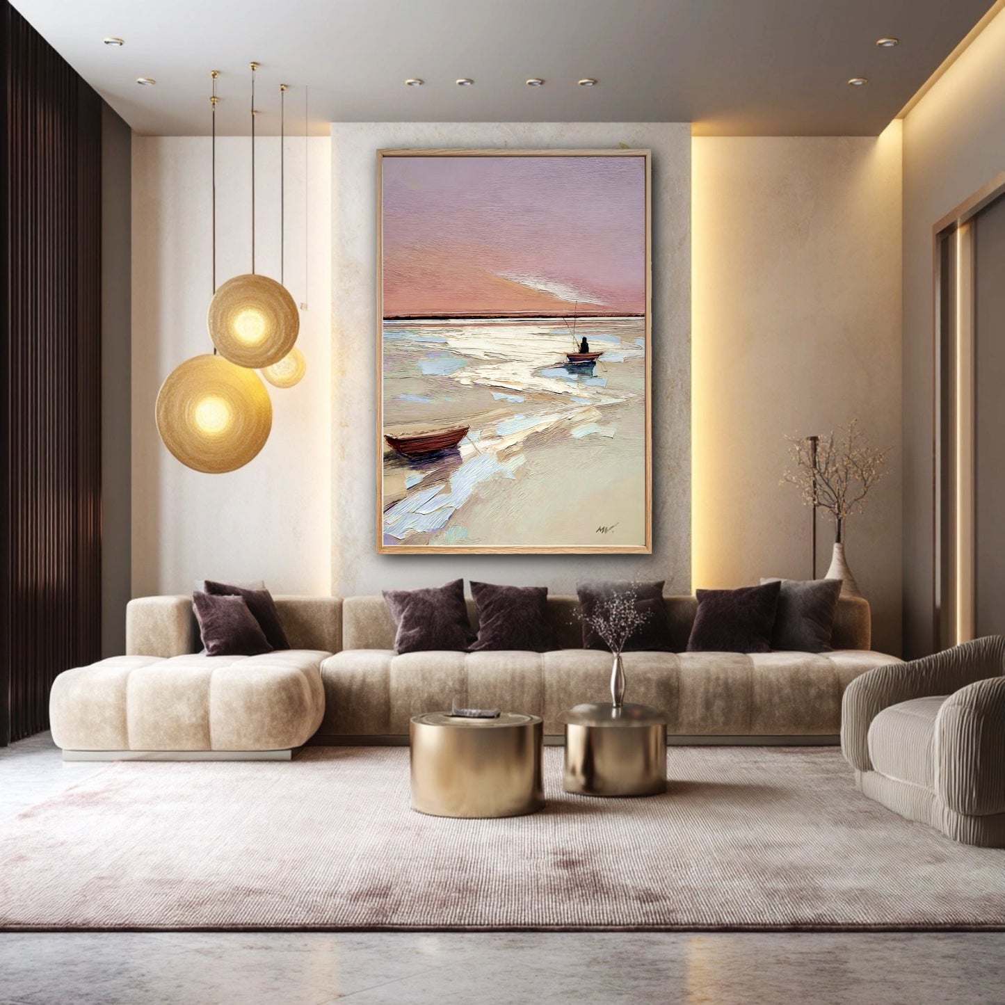 The boat painting's warm pink sky perfectly complements the beige sectional and gold lighting in this luxurious modern living room.