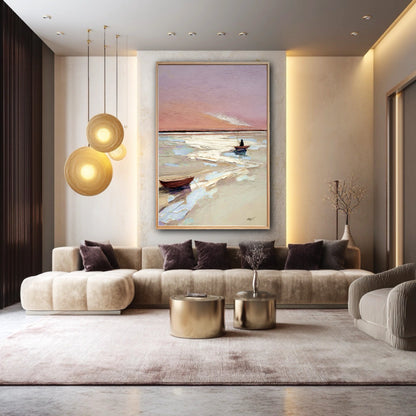 The boat painting's warm pink sky perfectly complements the beige sectional and gold lighting in this luxurious modern living room.