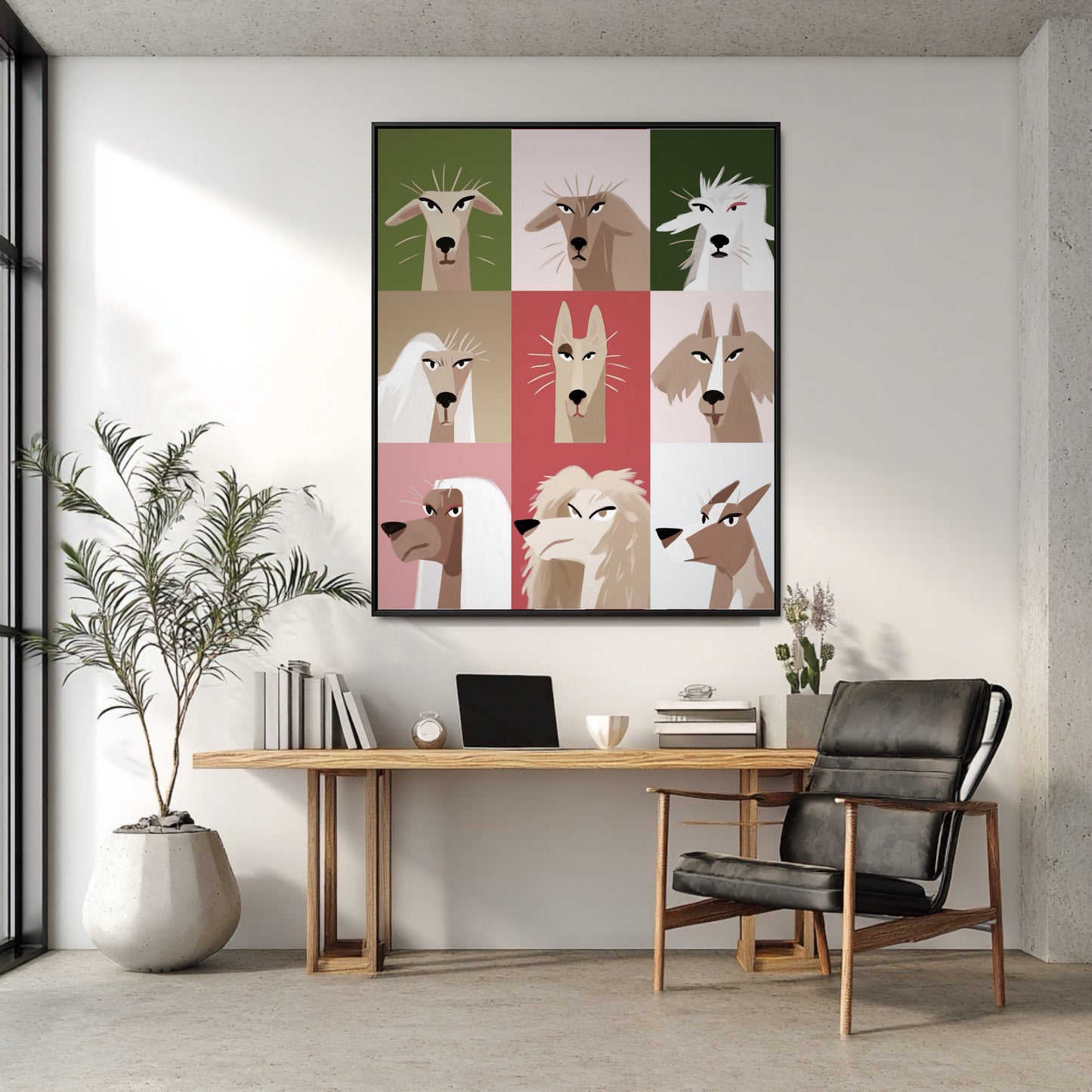 Colorful, contemporary dog art energizes a minimalist home office with a wooden desk and a black leather chair.