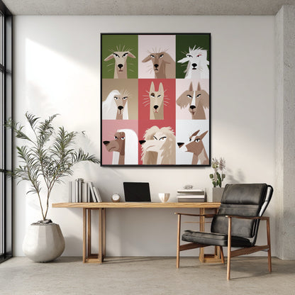 Colorful, contemporary dog art energizes a minimalist home office with a wooden desk and a black leather chair.