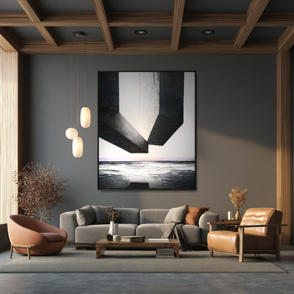 Original monochromatic abstract painting enhances a moody living room with dark walls, wood accents, and gray sofa; a cozy, bold, and modern feel.