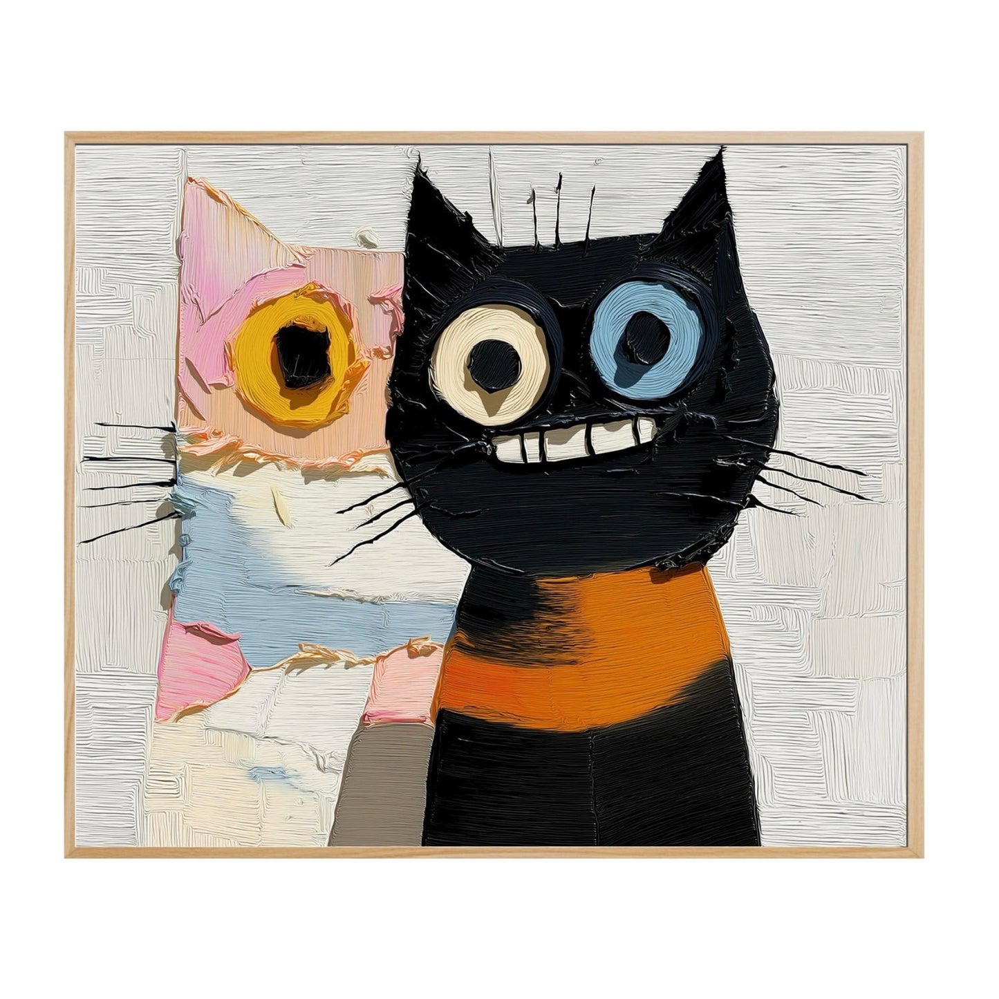 Original abstract textured cat painting, two bold felines with big eyes, modern pop art style, black and pink colors.