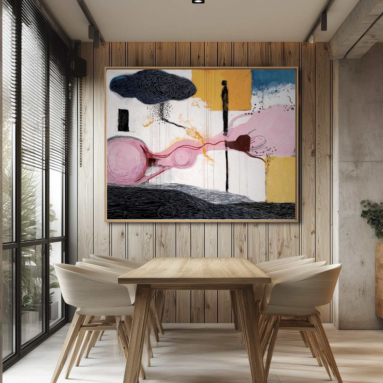 Modern dining room with abstract art on the wall
