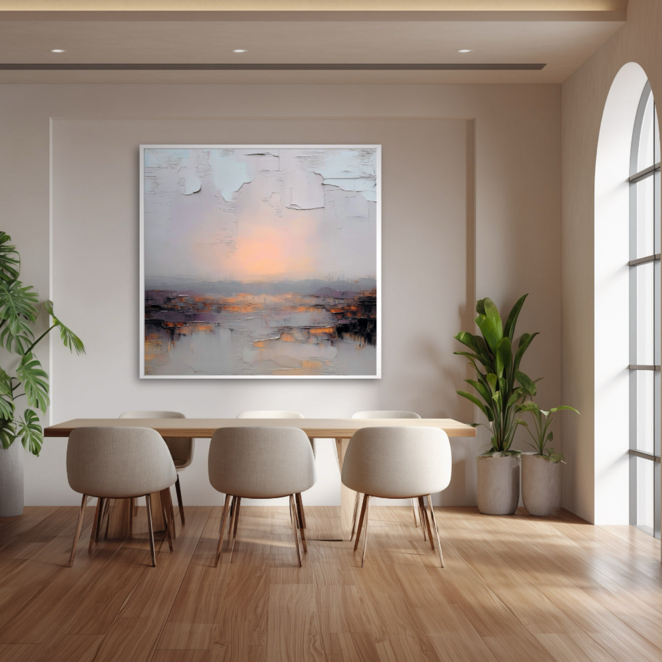 Modern dining room with abstract painting on the wall, wooden table, and chairs.