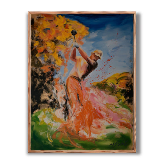 Original impressionist golf painting with warm autumn colors. Vibrant orange and blue hues create a dynamic, energetic vibe.