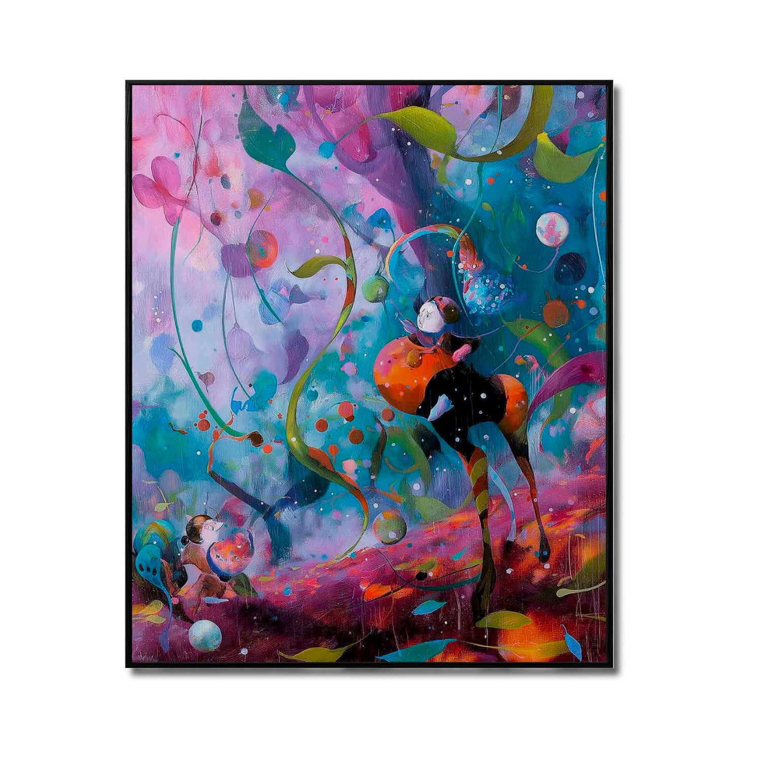 Original abstract fantasy art; dynamic cold & warm purple, blue, green tones. Vivid texture, cosmic movement, whimsical.