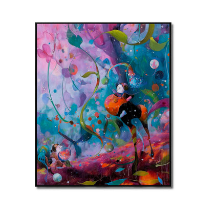 Original abstract fantasy art; dynamic cold & warm purple, blue, green tones. Vivid texture, cosmic movement, whimsical.