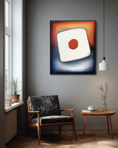 Abstract original painting in a mid-century reading nook, providing a focal point next to a window and a patterned chair.