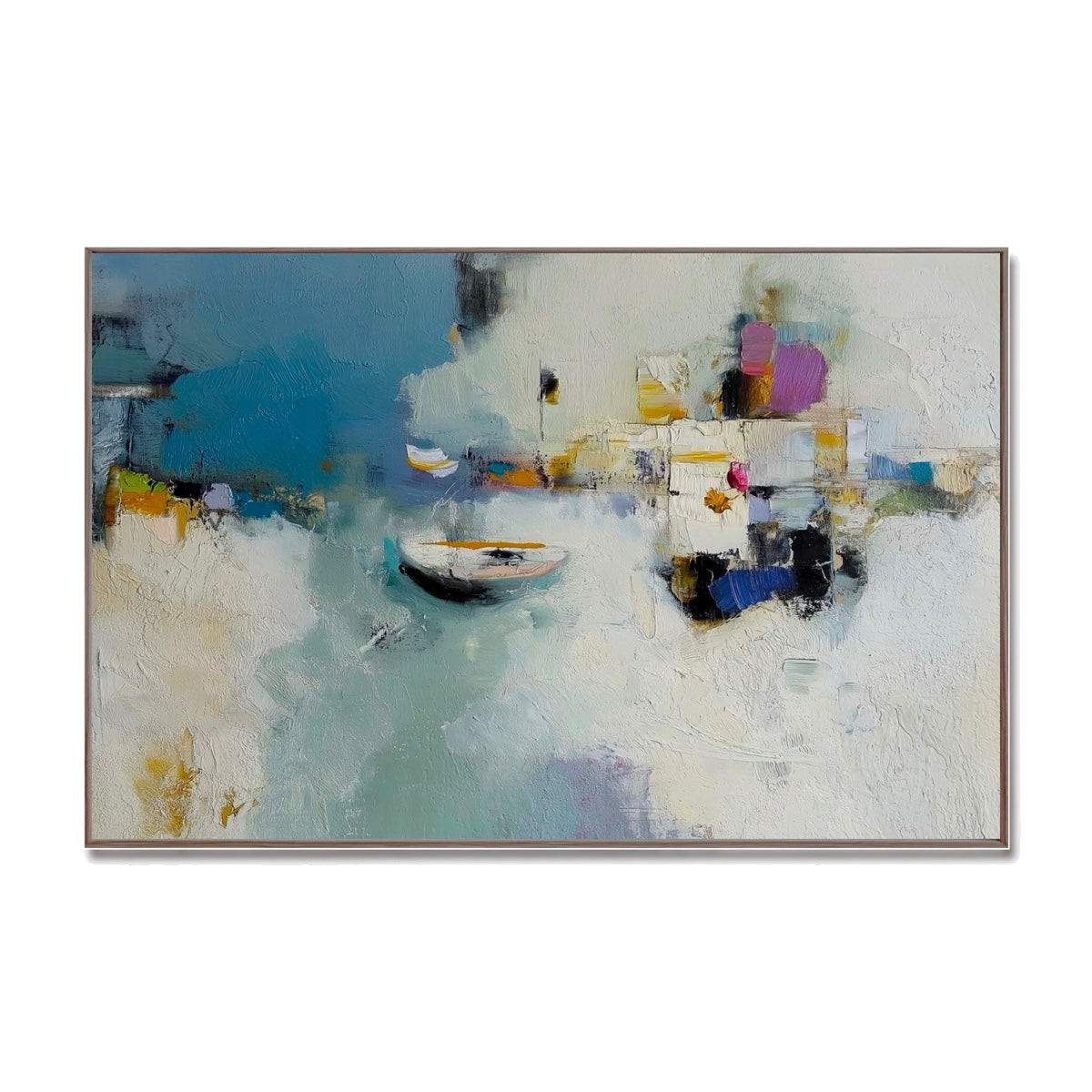 Original hand-painted abstract harbor oil painting. Blue and white reflective coastal art with solitary boat, modern style.