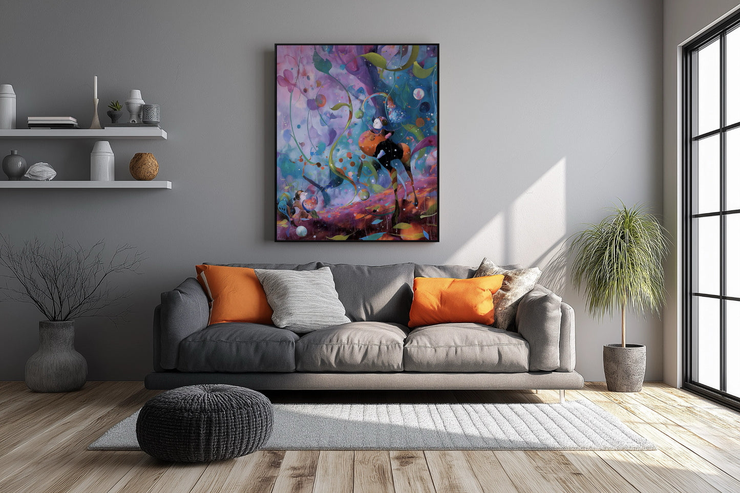 Abstract fantasy art provides a vivid cool/warm contrast against the grey sofa, pulling in the bold orange pillow accents beautifully.