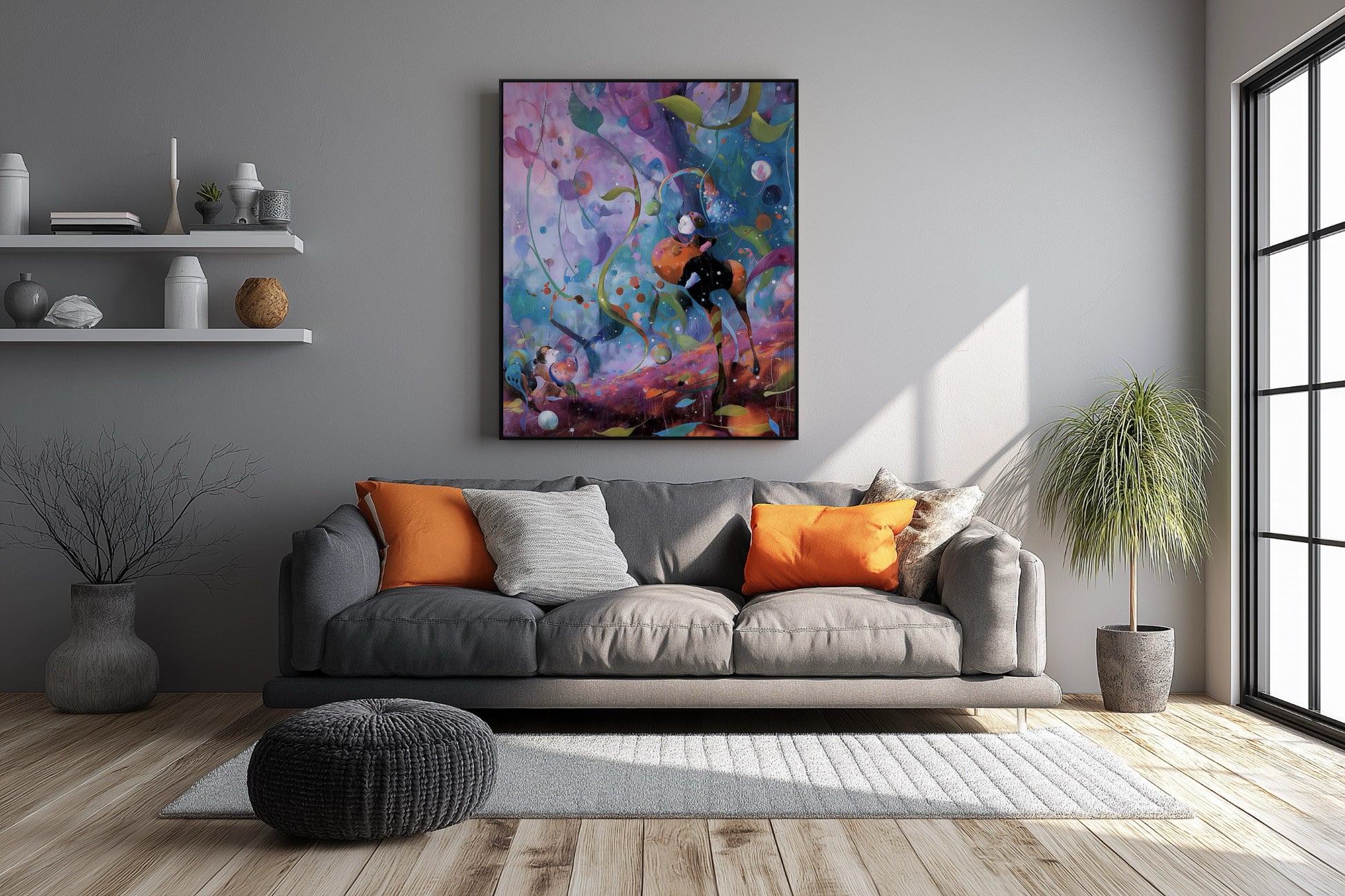 Abstract fantasy art provides a vivid cool/warm contrast against the grey sofa, pulling in the bold orange pillow accents beautifully.