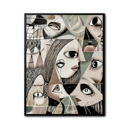 Original abstract figurative painting. A cubist-style collage of faces and eyes. Neutral-warm palette of beige, muted green, and black.