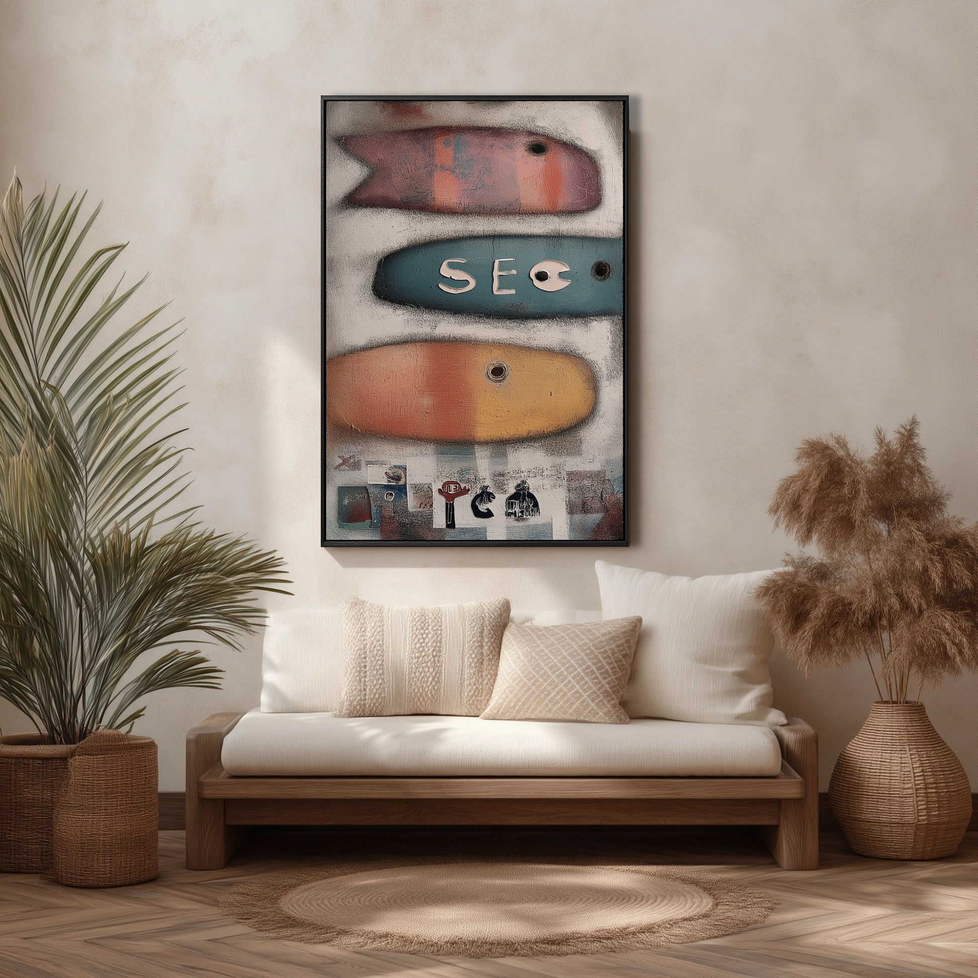 Folk art fish painting hangs above a light wood and white daybed, complementing the earthy, bohemian aesthetic with natural textures and plants.