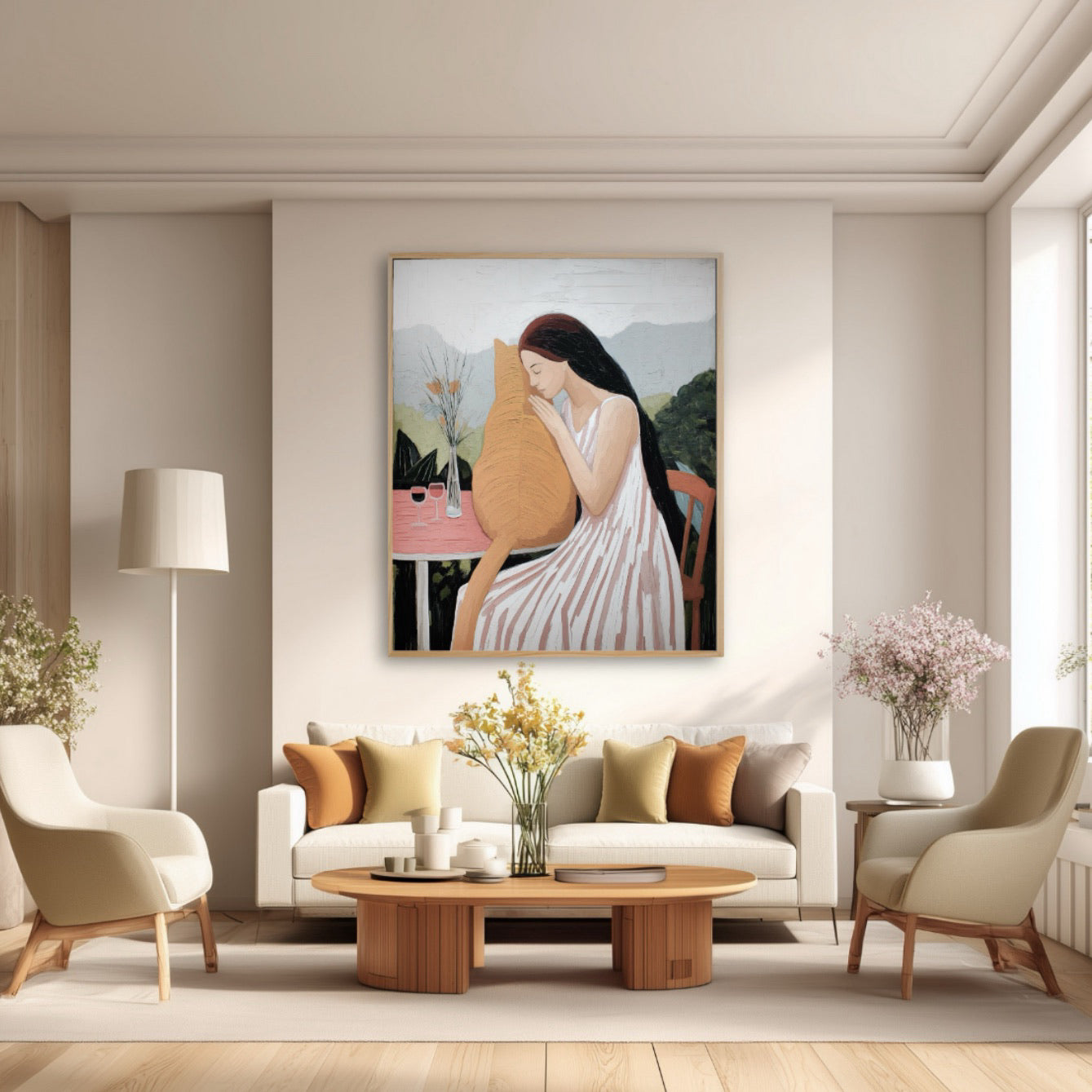 Original oil painting of woman and cat installed in a light, elegant living room. Cream chairs, wood coffee table, and soft, neutral decor.