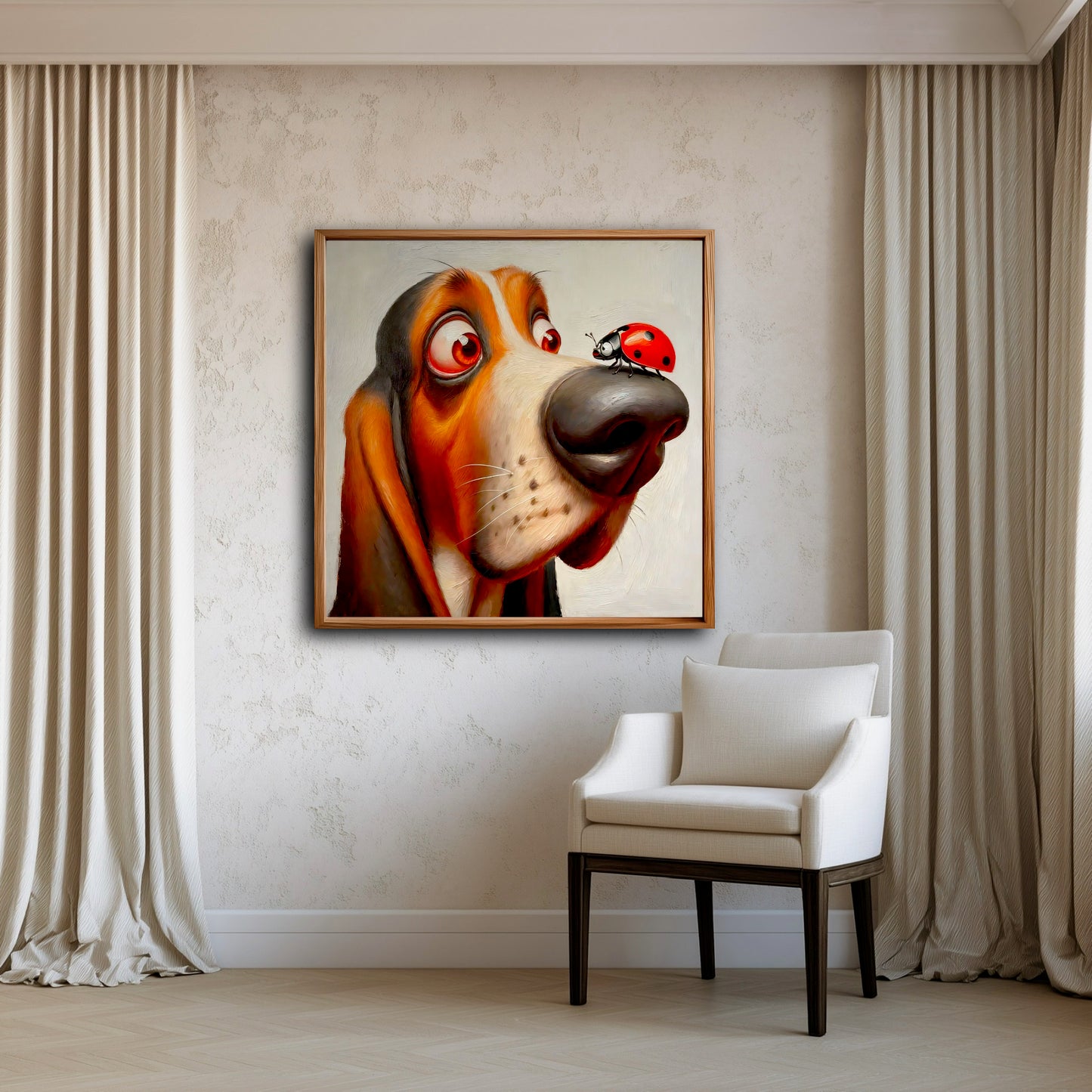 A single, humorous painting of a startled dog hangs in a minimalist space, accenting a textured wall above a simple white armchair.