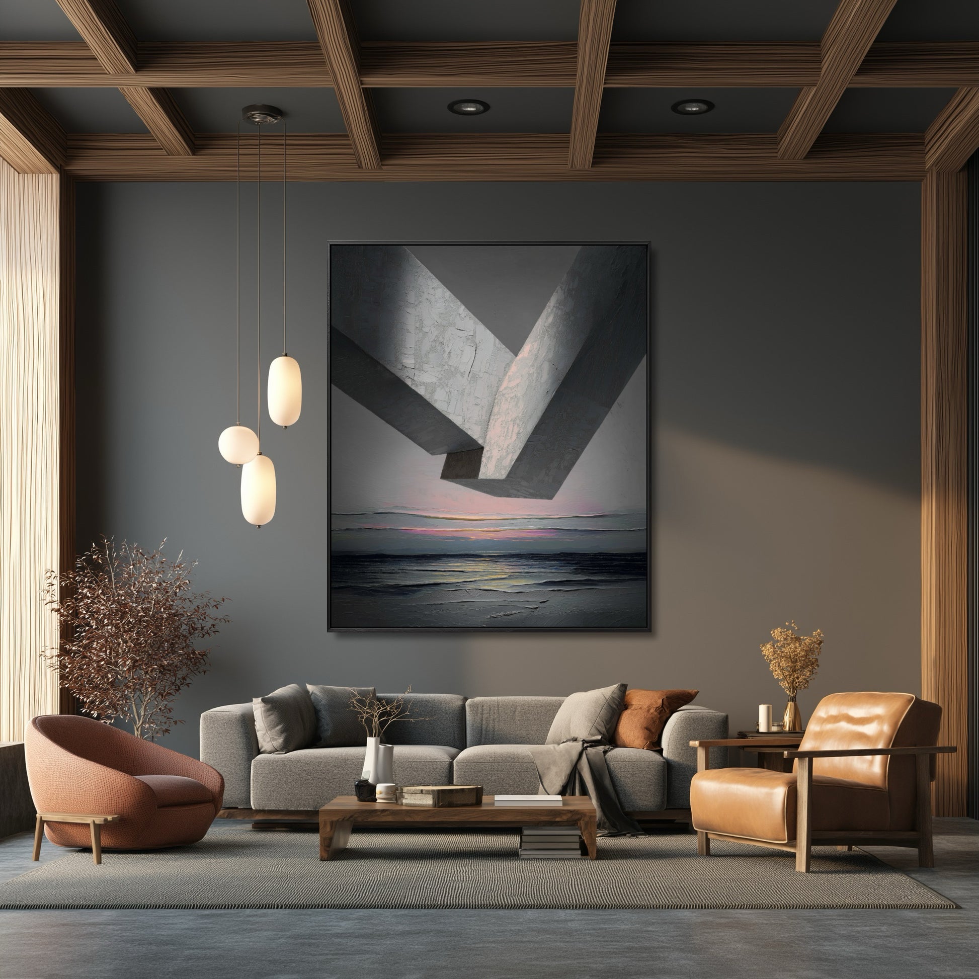 Original brutalist abstract painting anchors a rich, contemporary living room with a gray sofa, warm orange seating, and dark wood coffered ceiling.