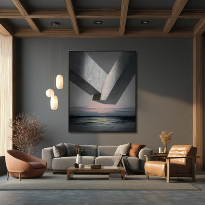 Original brutalist abstract painting anchors a rich, contemporary living room with a gray sofa, warm orange seating, and dark wood coffered ceiling.