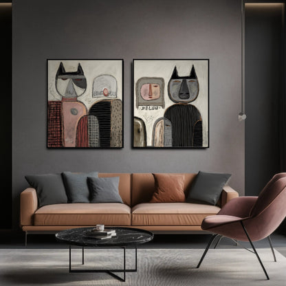 Figurative folk art diptych centers a dark, moody space over a tan leather sofa, contrasting with the sleek marble coffee table and deep wall color.