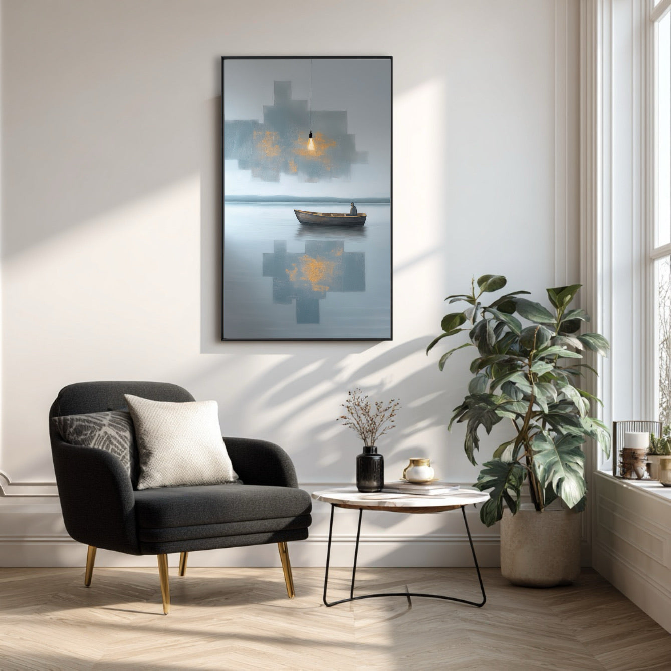 Contemplative art creates a serene focal point for a stylish reading nook, inviting quiet reflection and comfort.